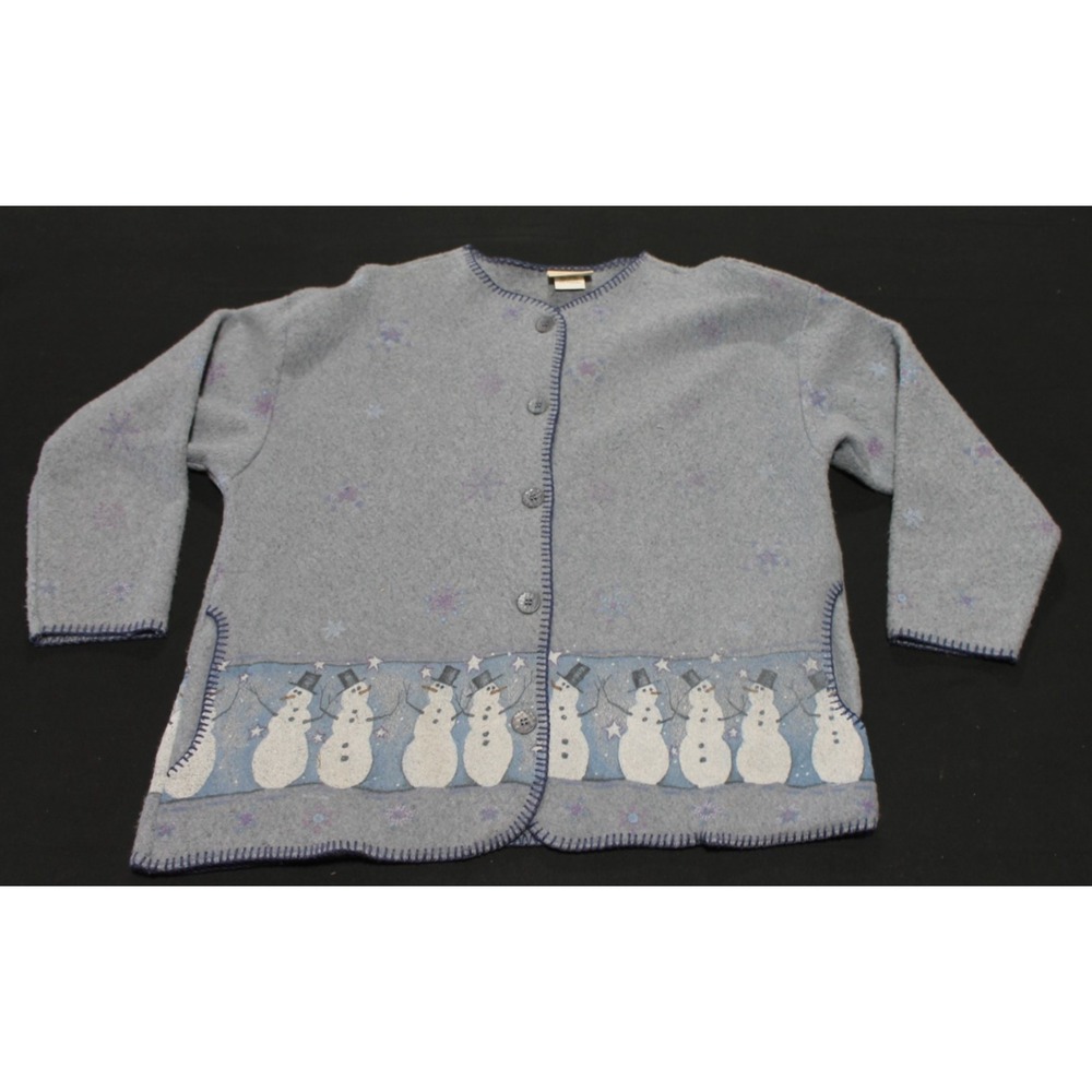 Artisans Custom Snowman Fleece Cardigan Gray Christmas Winter USA Made XL/2XL